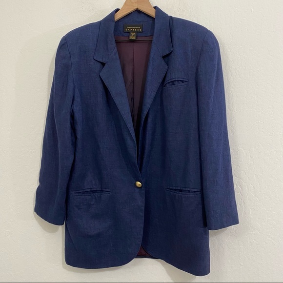 Express Vintage Women’s S Blue One Button V Neck Collaree Blazer Jacket - Picture 1 of 7